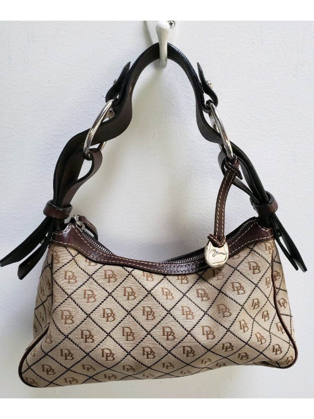 Vtg Y2K Dooney & Bourke Hobo Bag Tan & Brown Signature Logo Jacquard DB Canvas